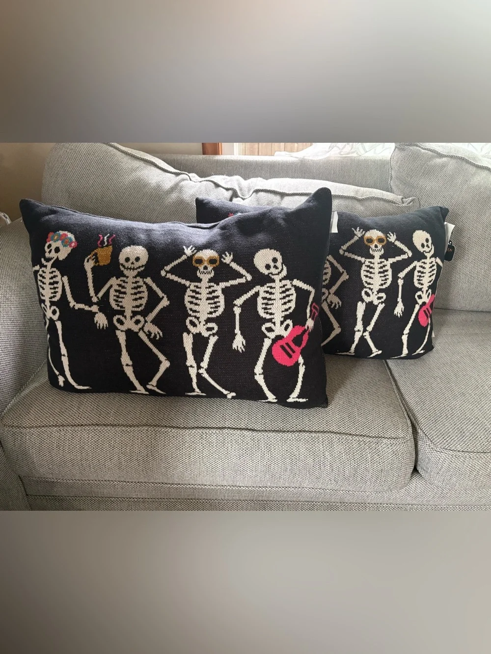 NWT Skull and Bones Skeleton Black Decorative Pillow with Pink Accent-set of 2